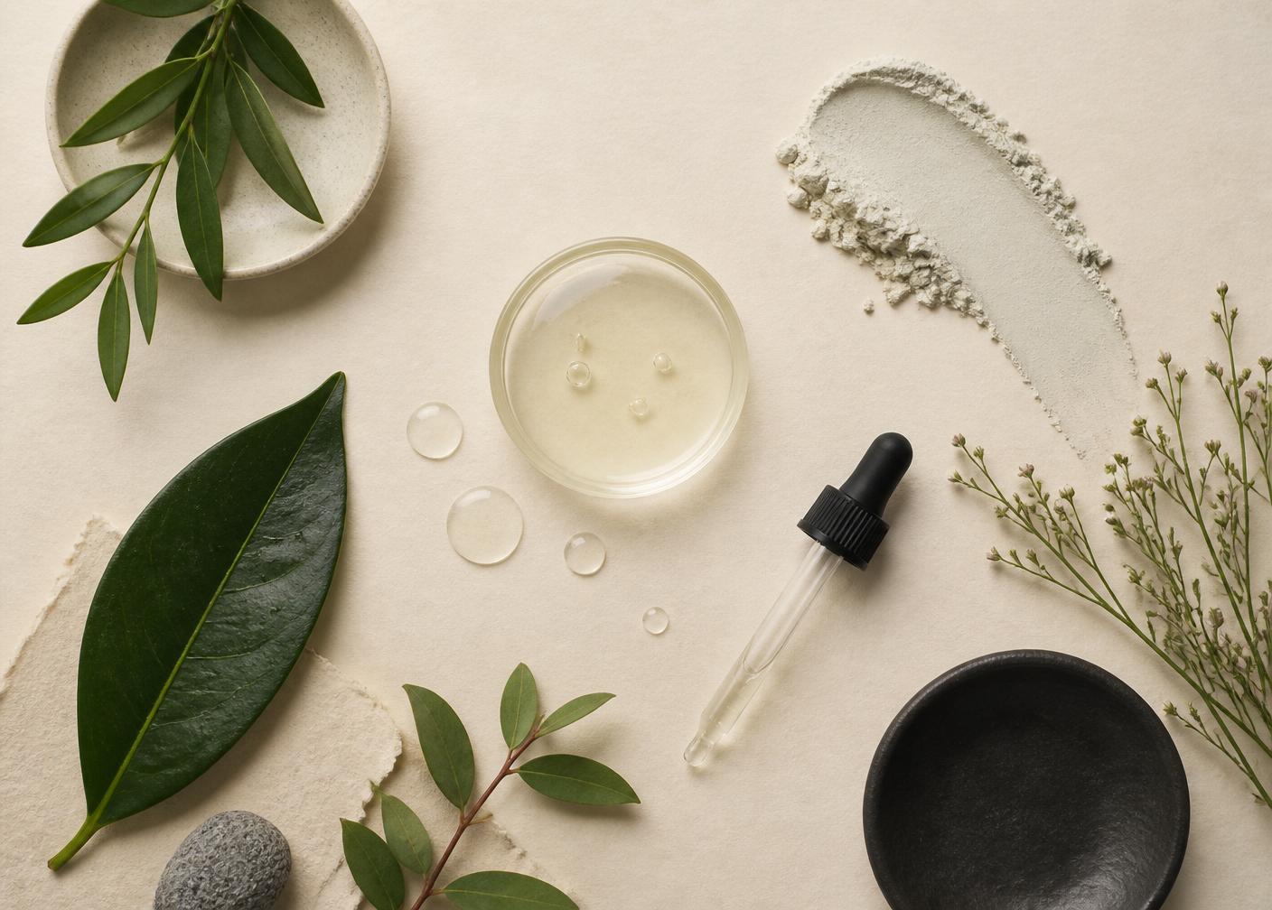 Flat lay of botanical skincare ingredients